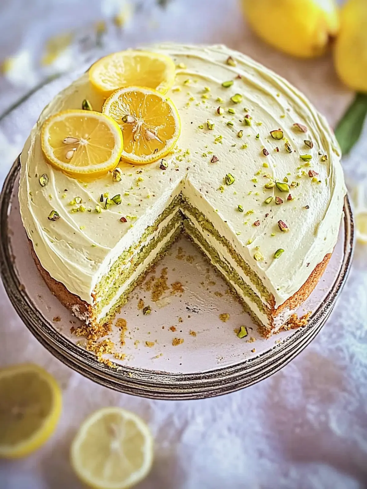 Lemon Pistachio Cake with Pistachio Cream Filling