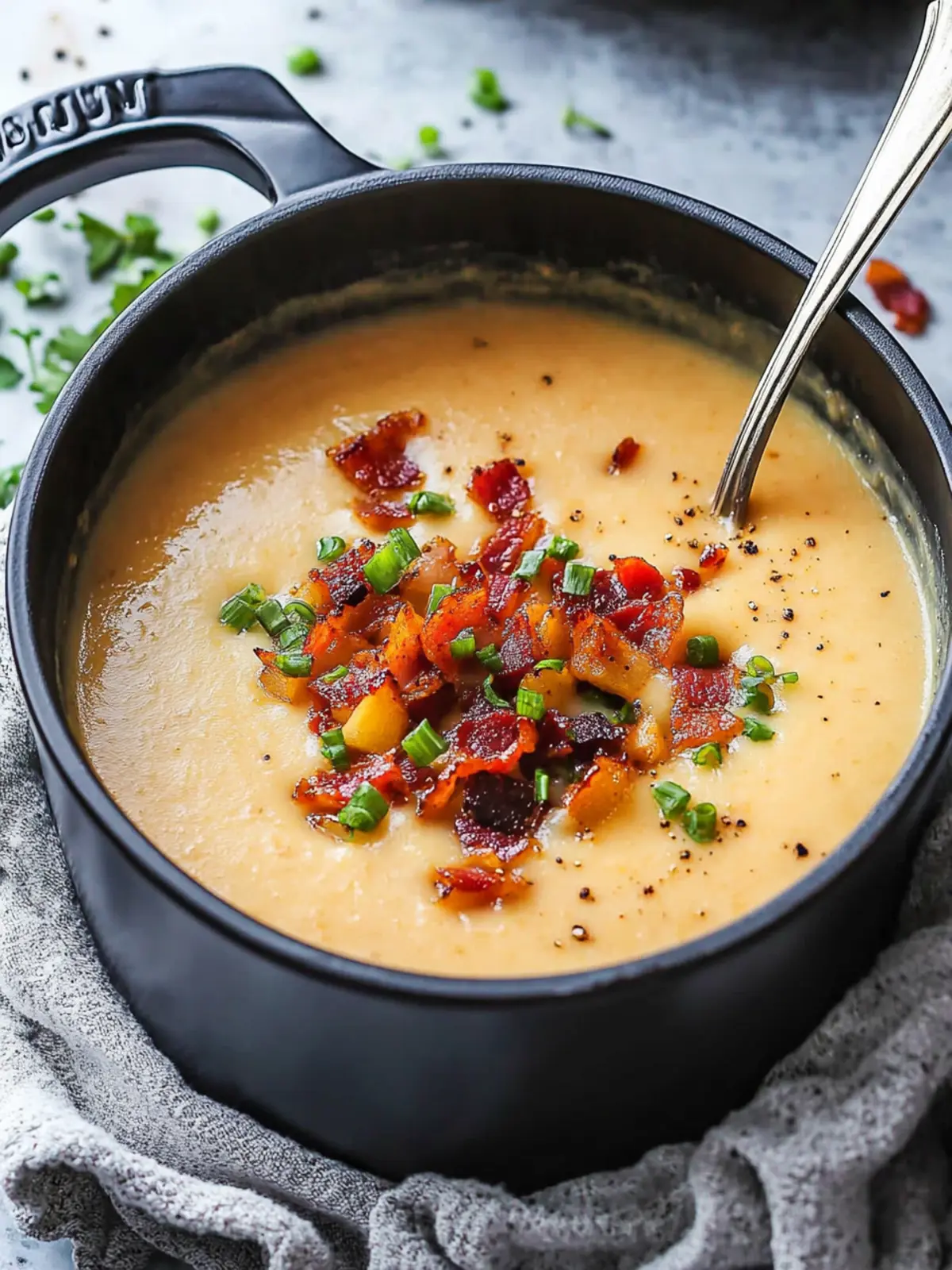 Cheddar & Gouda Apple Soup with Candied Maple Bacon