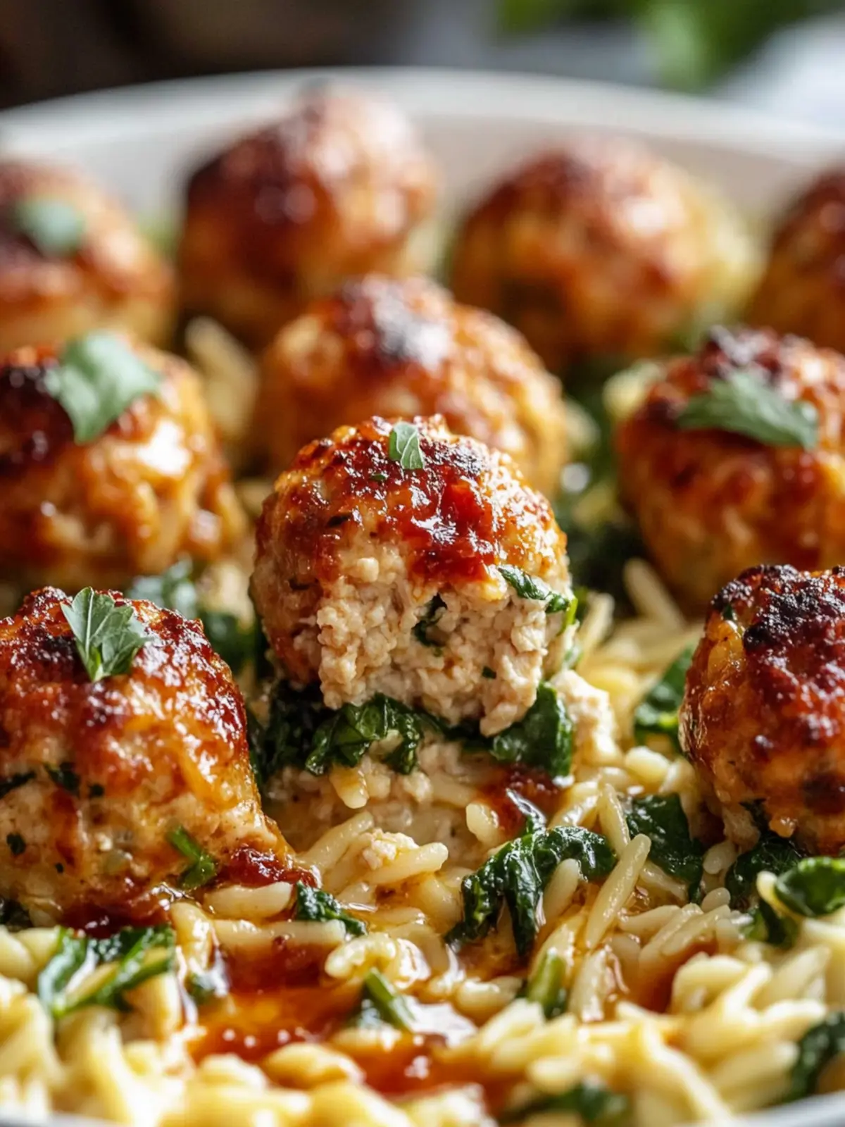 Baked Chicken Ricotta Meatballs with Creamy Spinach Orzo