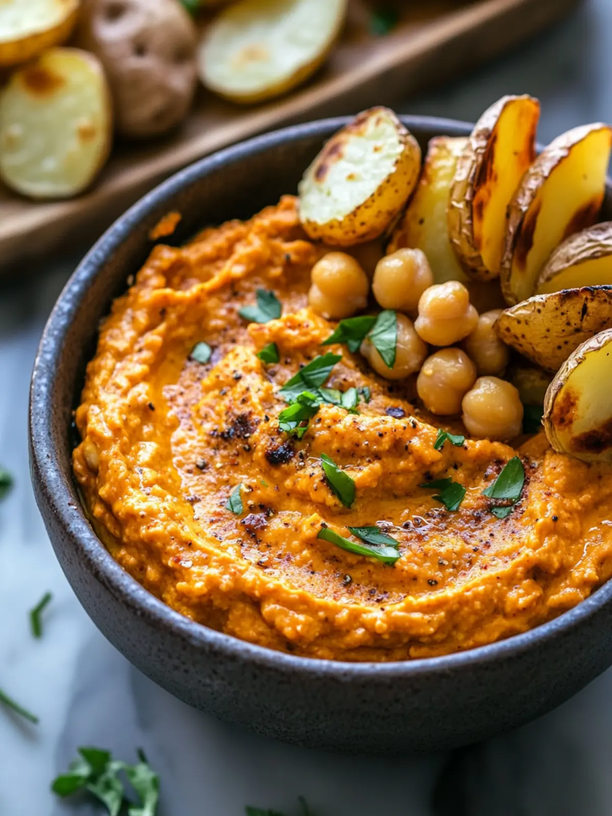 Red Pepper Feta Dip with Roasted Potatoes & Chickpeas