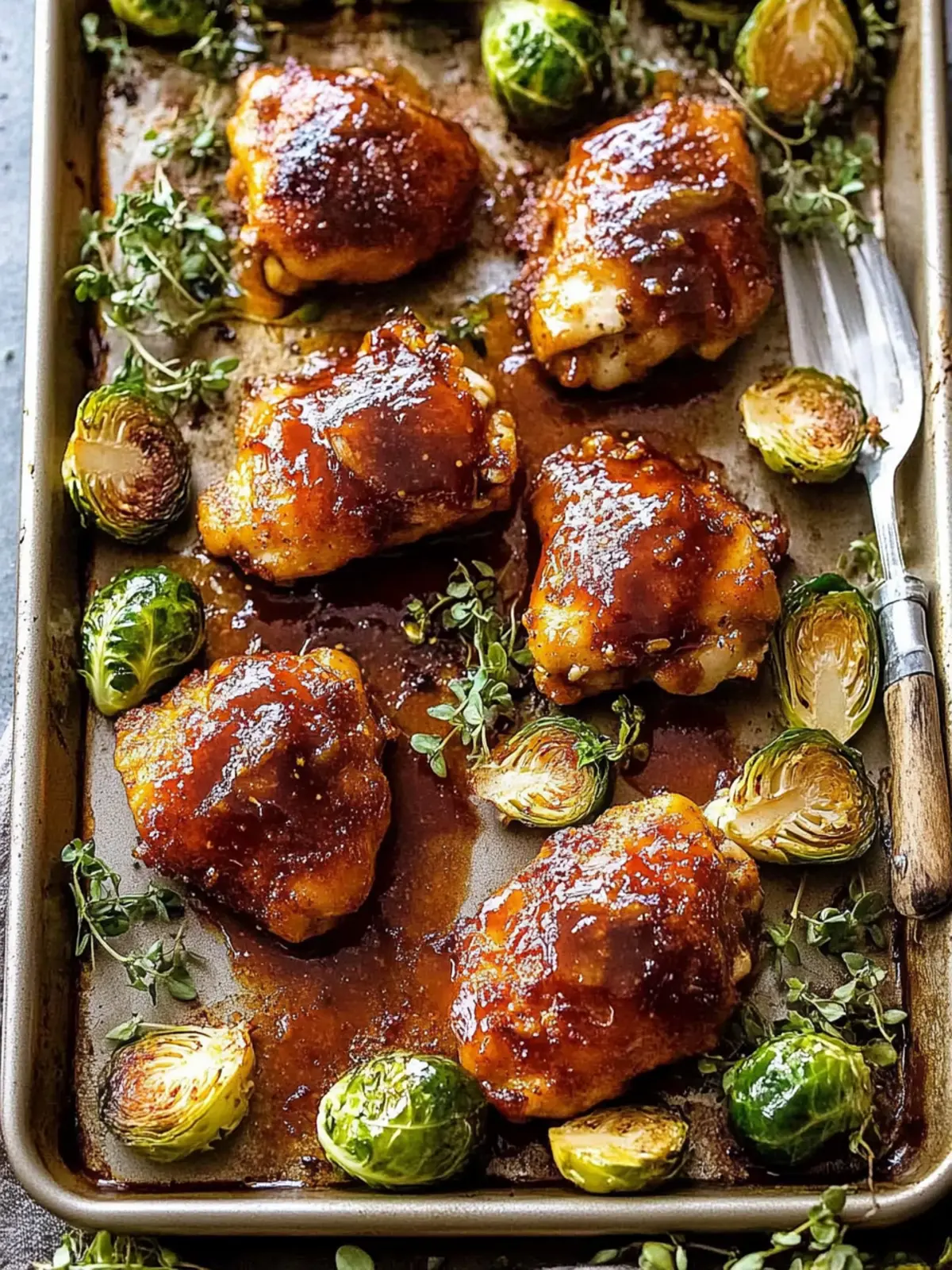 Sheet Pan Hot Honey Mustard Chicken and Crispy Brussels Sprouts