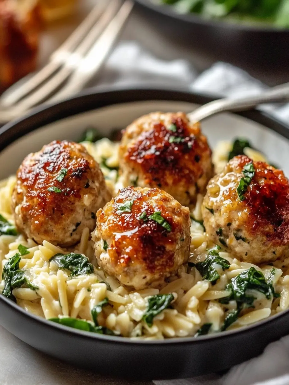 Baked Chicken Ricotta Meatballs with Creamy Spinach Orzo
