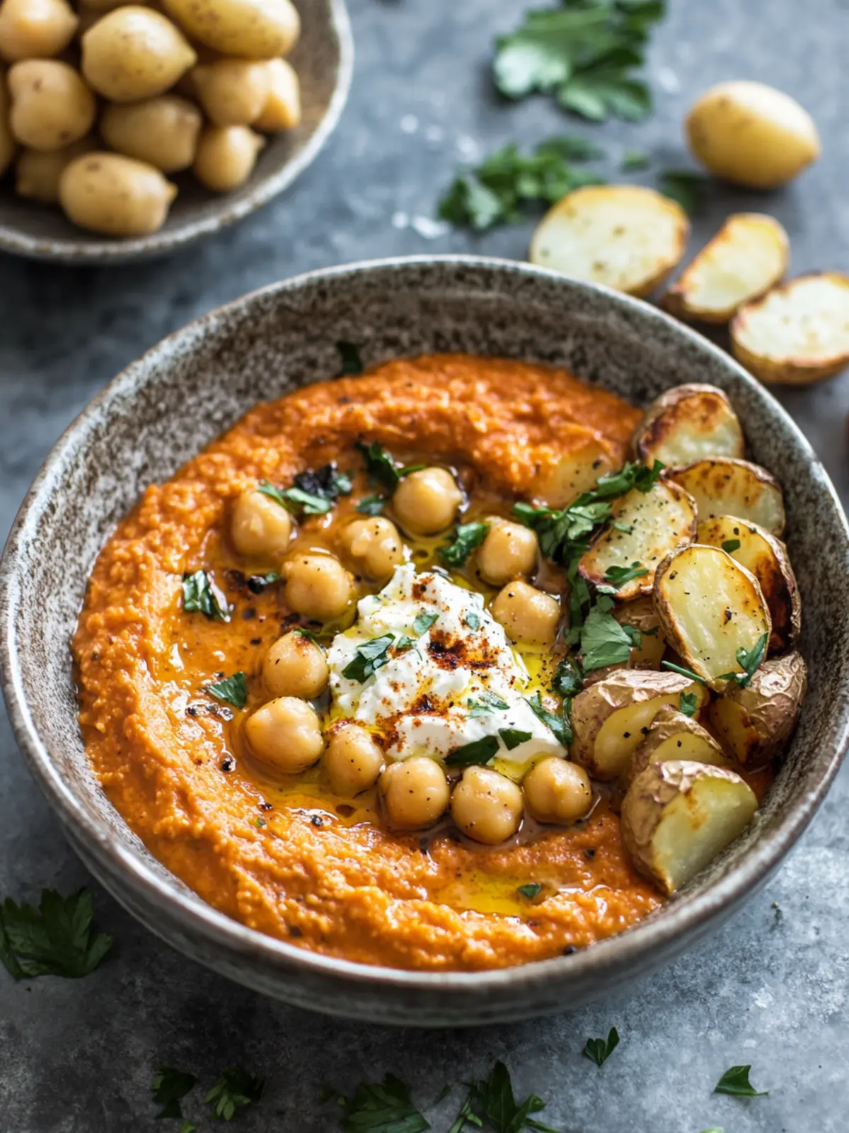 Red Pepper Feta Dip with Roasted Potatoes & Chickpeas