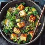 crispy chia tofu and brussels sprouts stir-fry