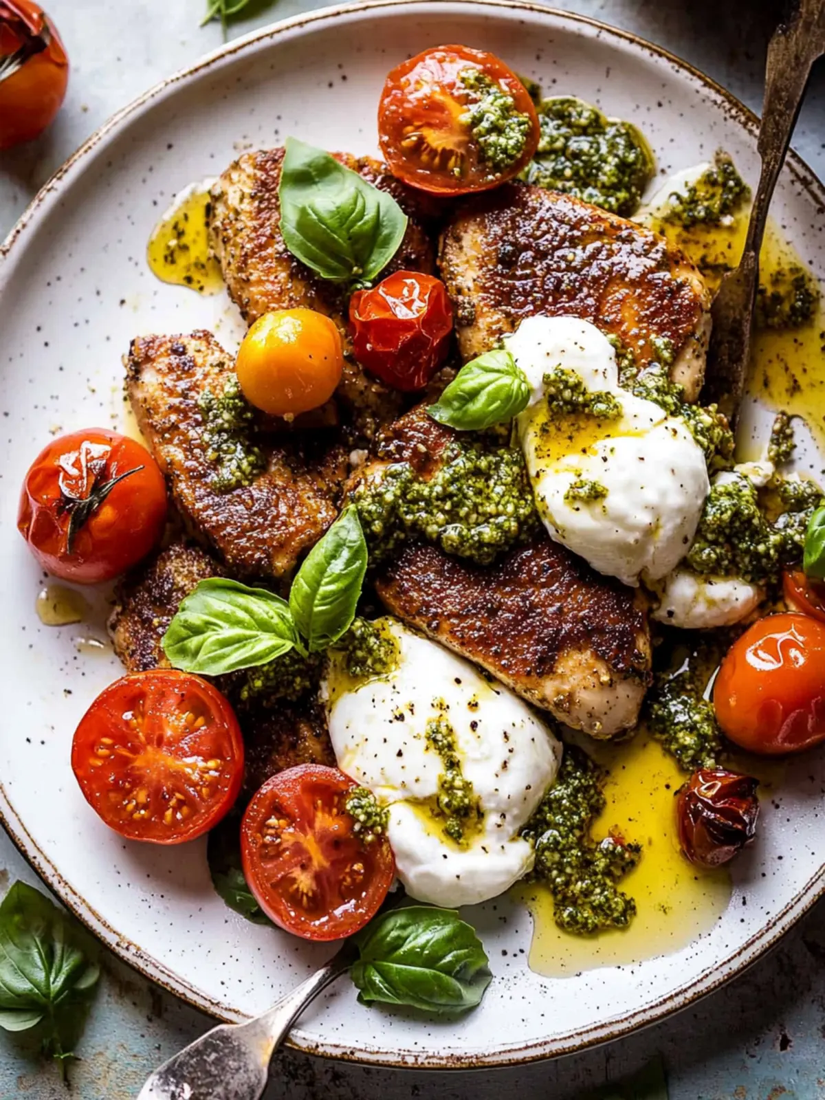 Pesto Chicken Saltimbocca with Burst Tomatoes and Burrata