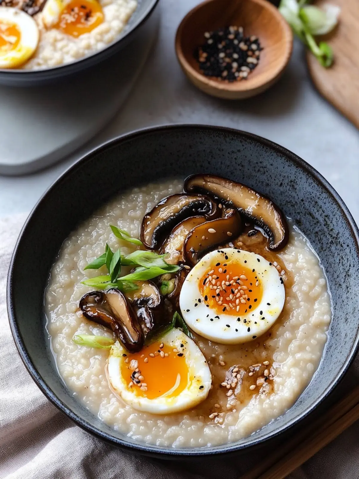 Miso Congee with Tamari marinated Shiitake Mushroom, Jammy Egg and Spicy Sesame Spring Onions