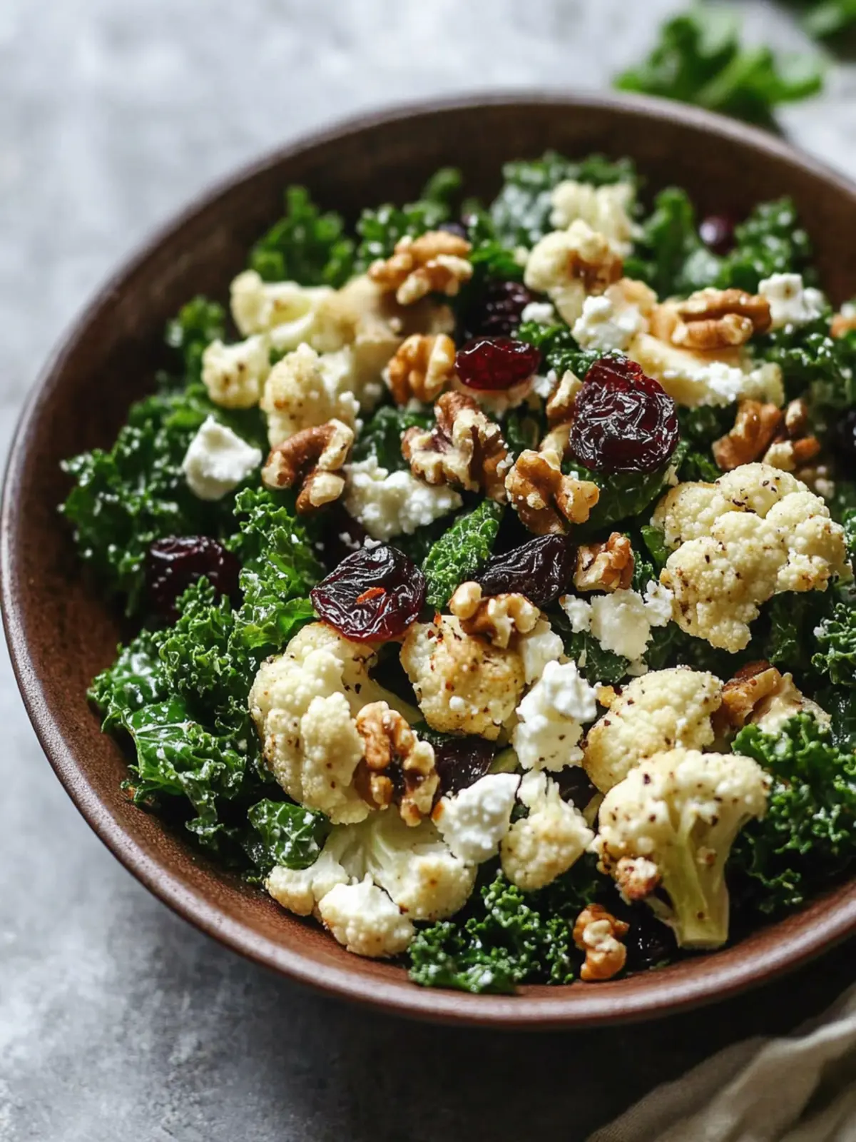 Roasted Cauliflower Kale Salad with Dried Cherries, Walnuts, and Feta