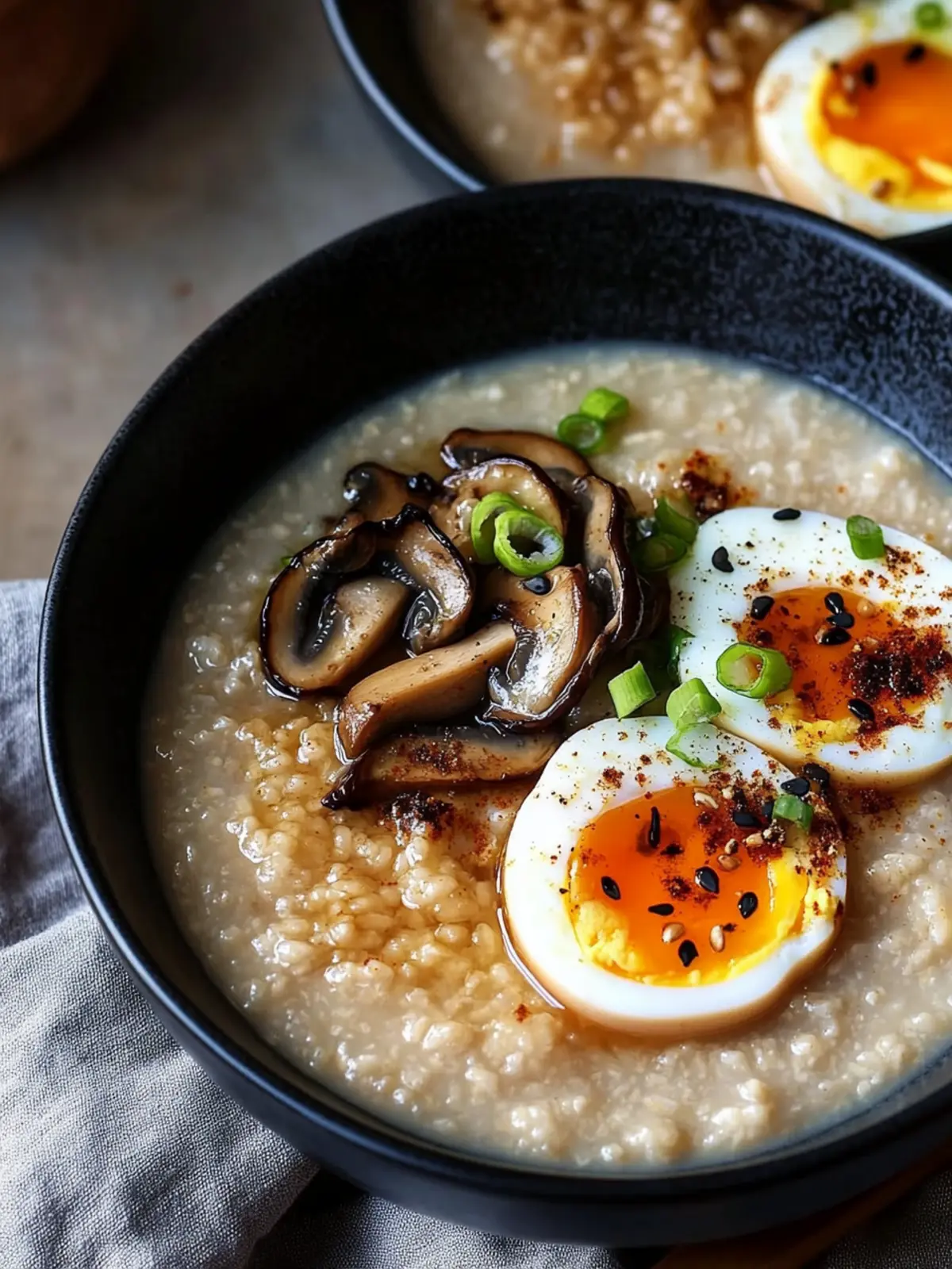 Miso Congee with Tamari marinated Shiitake Mushroom, Jammy Egg and Spicy Sesame Spring Onions