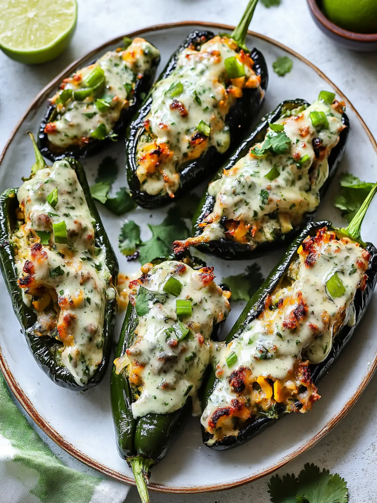 Stuffed Poblano Peppers with Cilantro Lime Crema