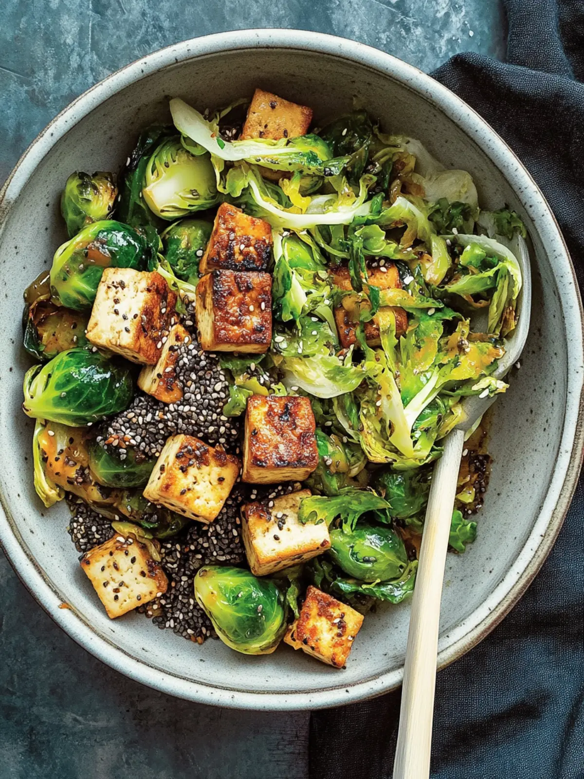 crispy chia tofu and brussels sprouts stir-fry