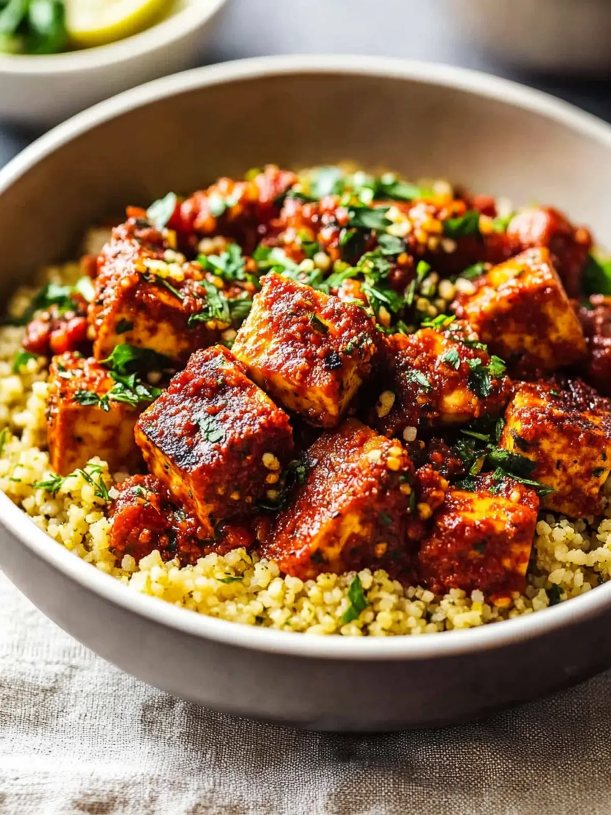 Harissa tofu with herby couscous