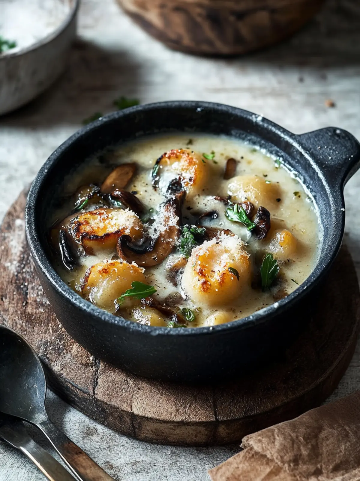 Roasted Mushroom, Caramelised Onion and Potato Gnocchi Soup