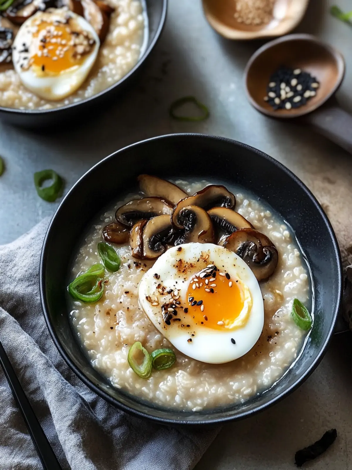 Miso Congee with Tamari marinated Shiitake Mushroom, Jammy Egg and Spicy Sesame Spring Onions