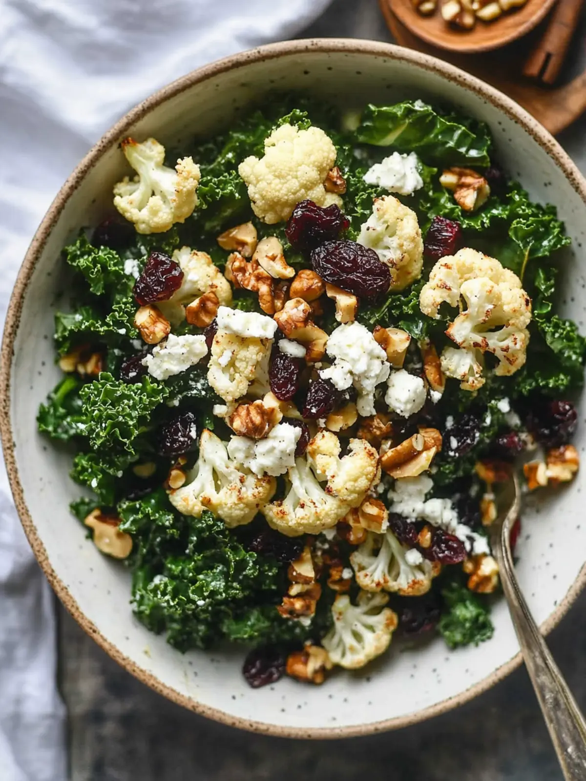 Roasted Cauliflower Kale Salad with Dried Cherries, Walnuts, and Feta