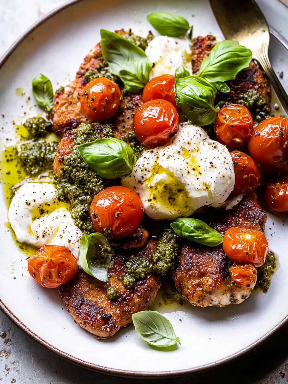 Pesto Chicken Saltimbocca with Burst Tomatoes and Burrata