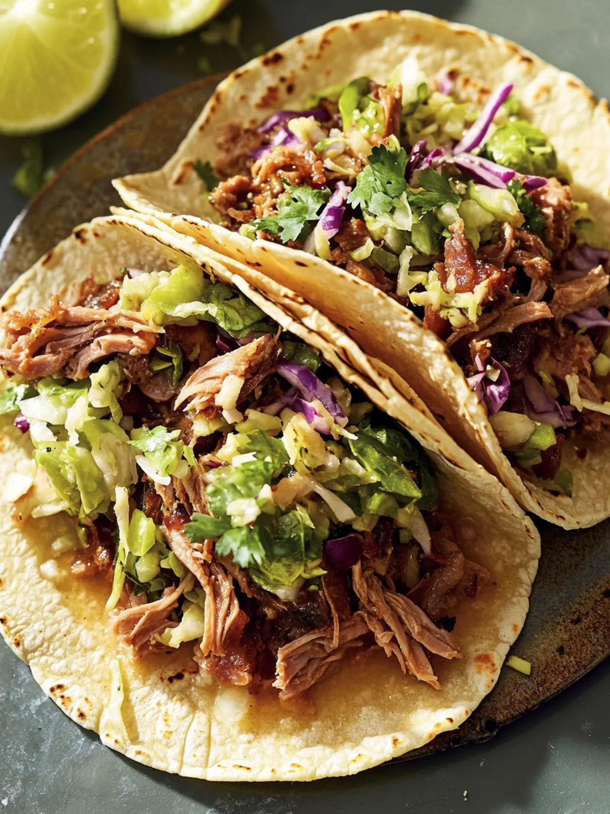 Cider Braised Pork Shoulder Tacos with Brussels Sprout Slaw