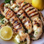 Garlicky grilled squid stuffed with feta cheese