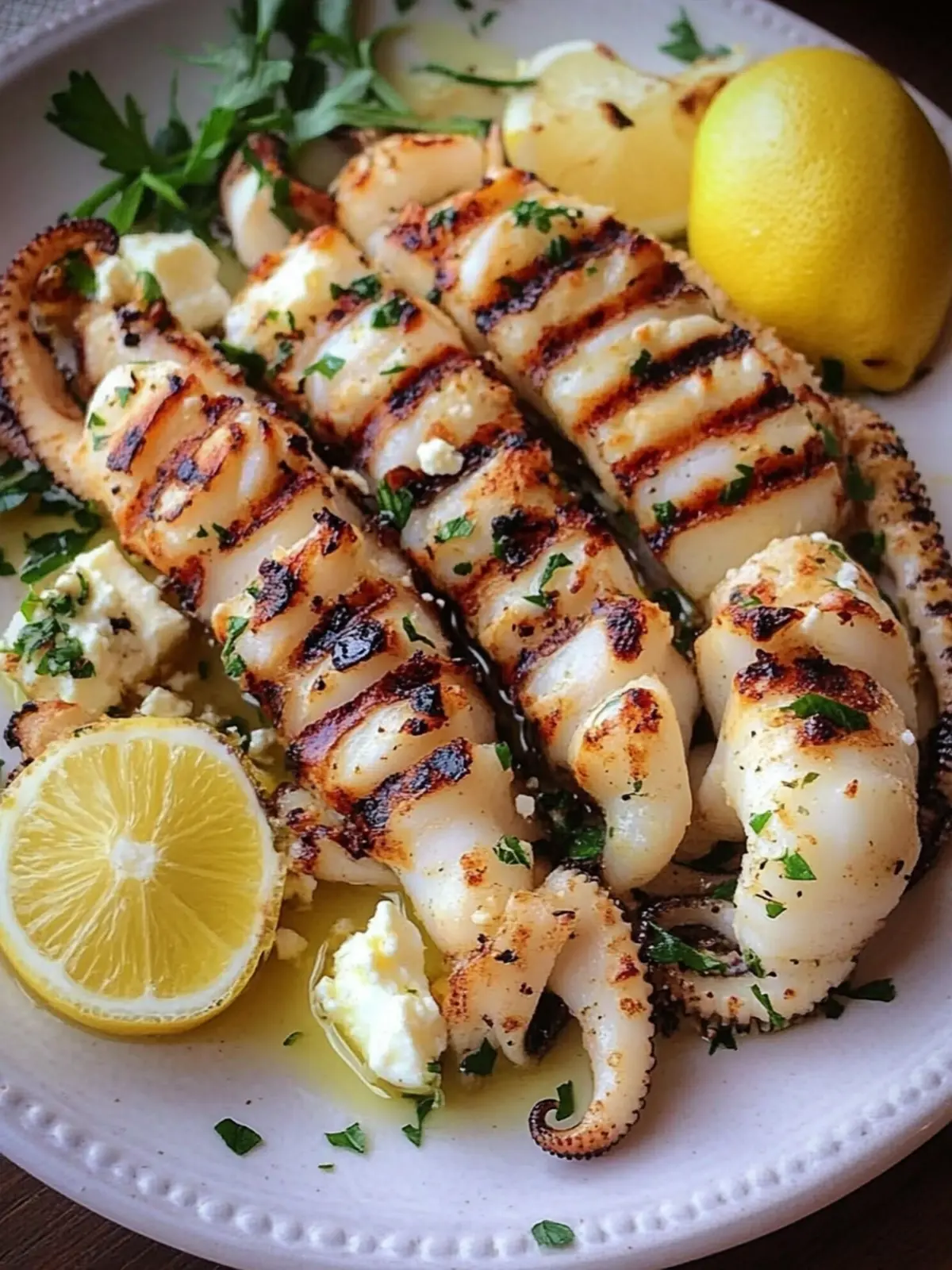 Garlicky grilled squid stuffed with feta cheese
