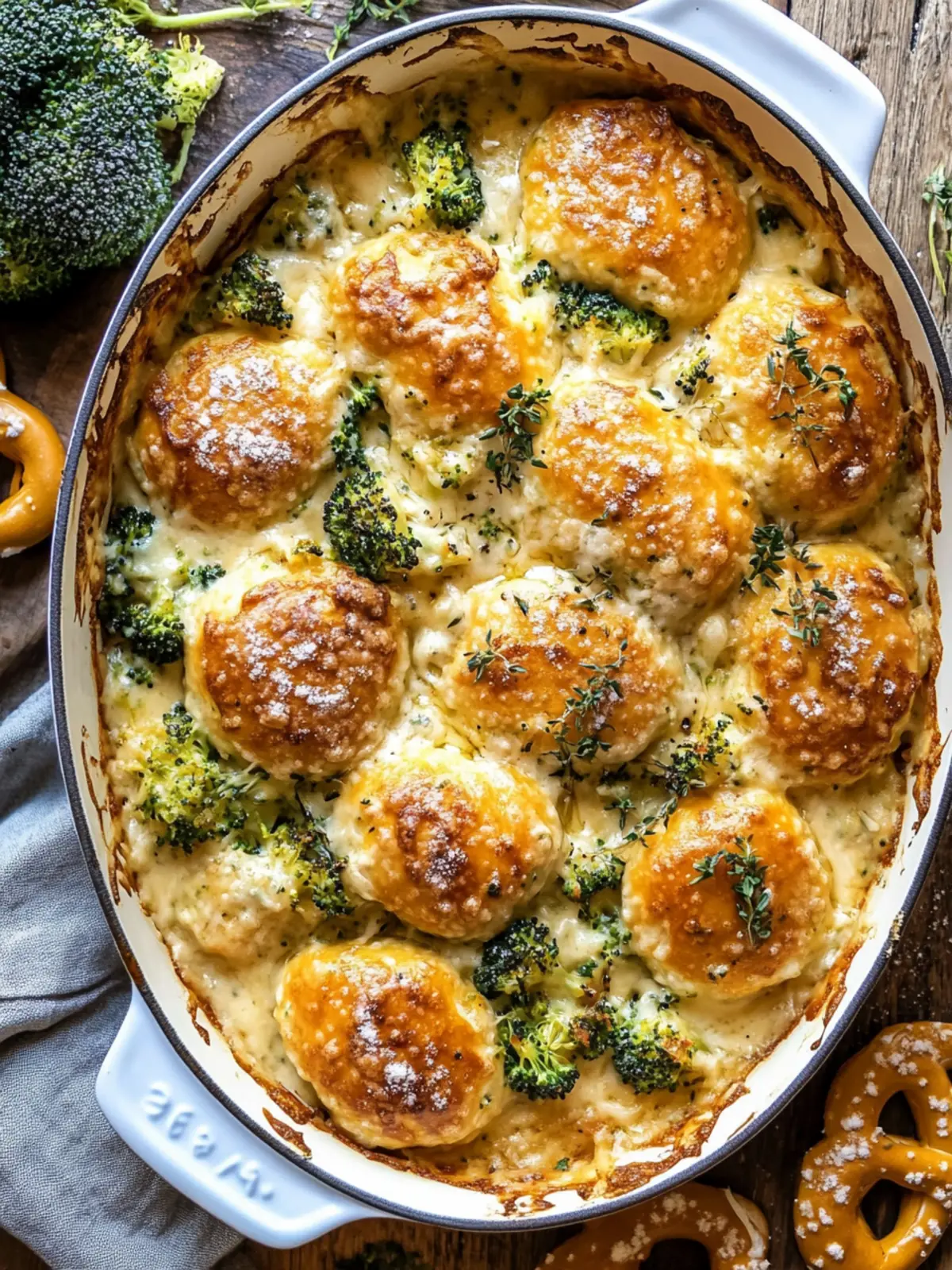 Creamy Broccoli Cheddar Casserole with Garlic Butter Pretzels
