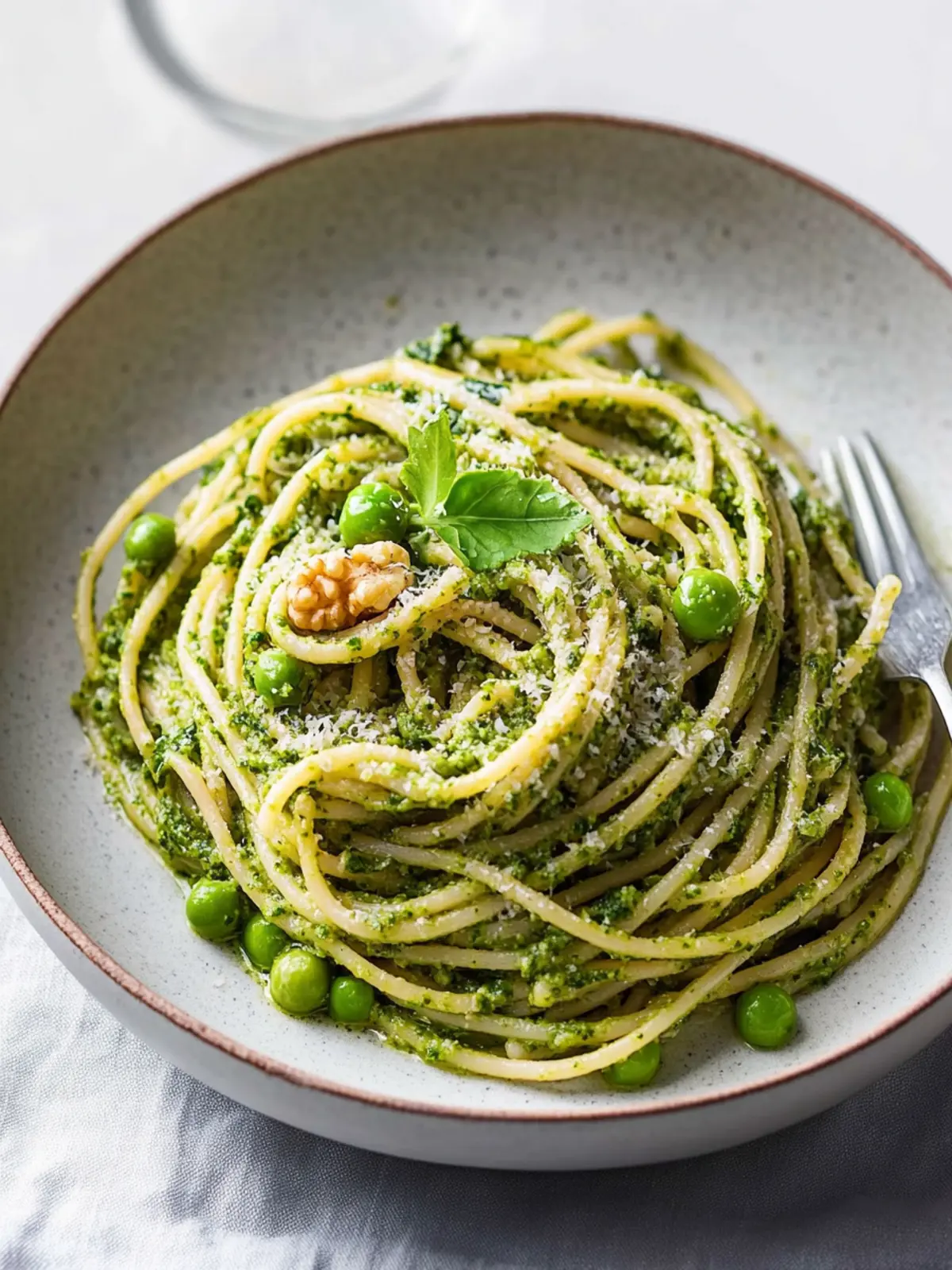 Wholewheat pasta with kale, pea and walnut pesto