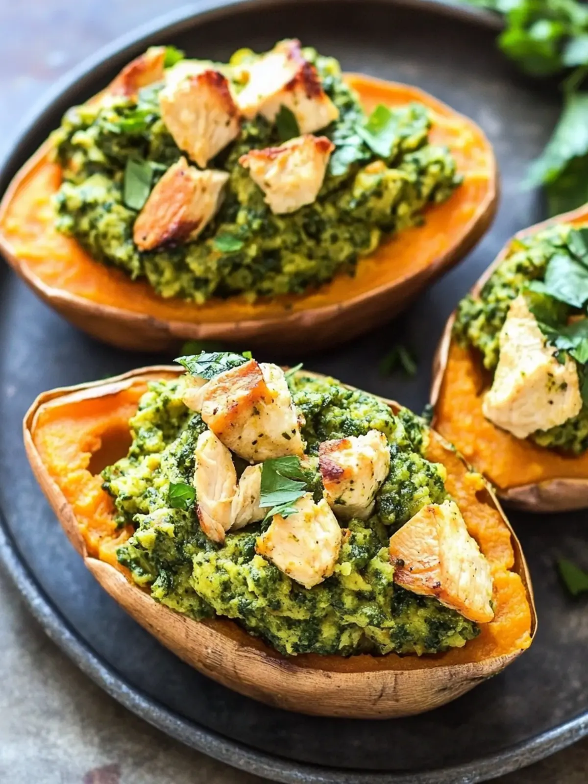 Chicken Pesto Stuffed Sweet Potatoes