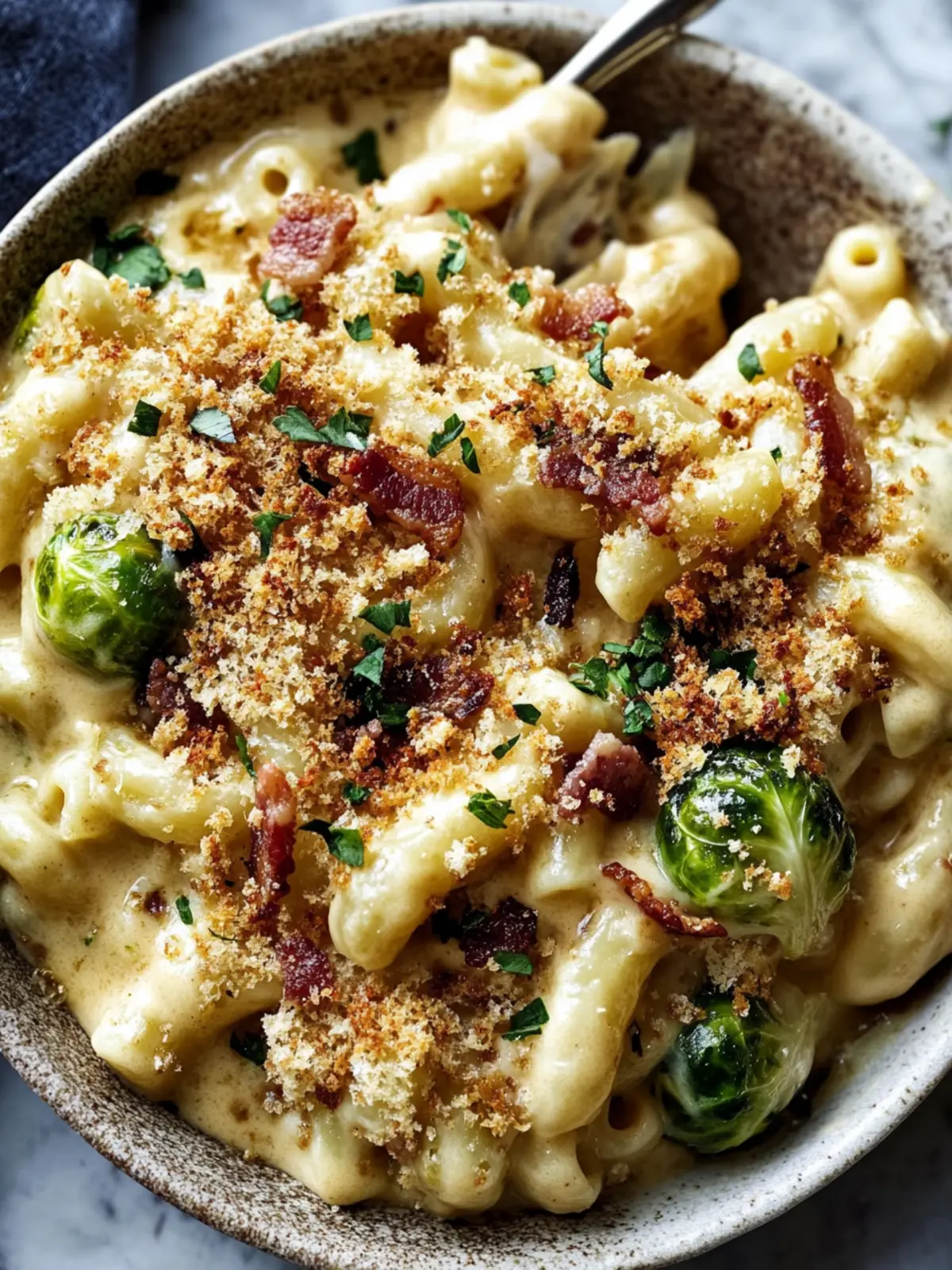 Mac and Cheese with Brussels Sprouts & Bacon Breadcrumbs