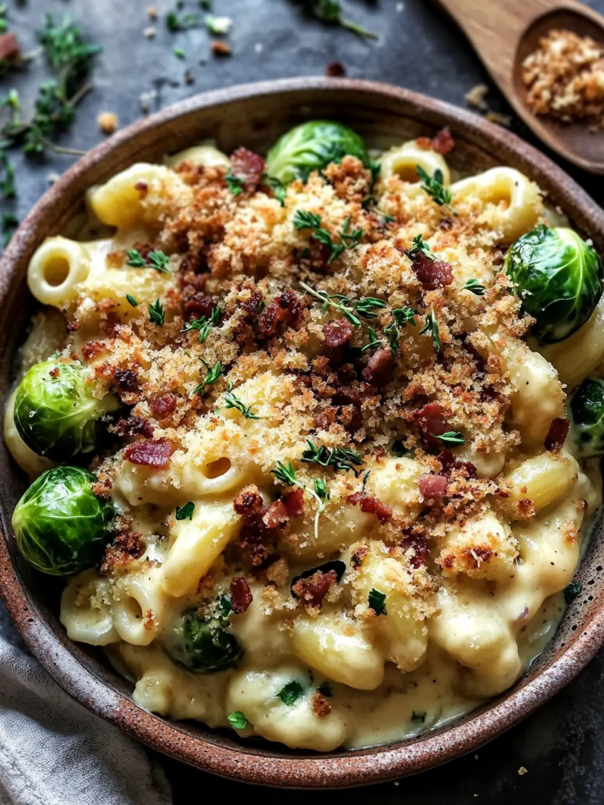Mac and Cheese with Brussels Sprouts & Bacon Breadcrumbs