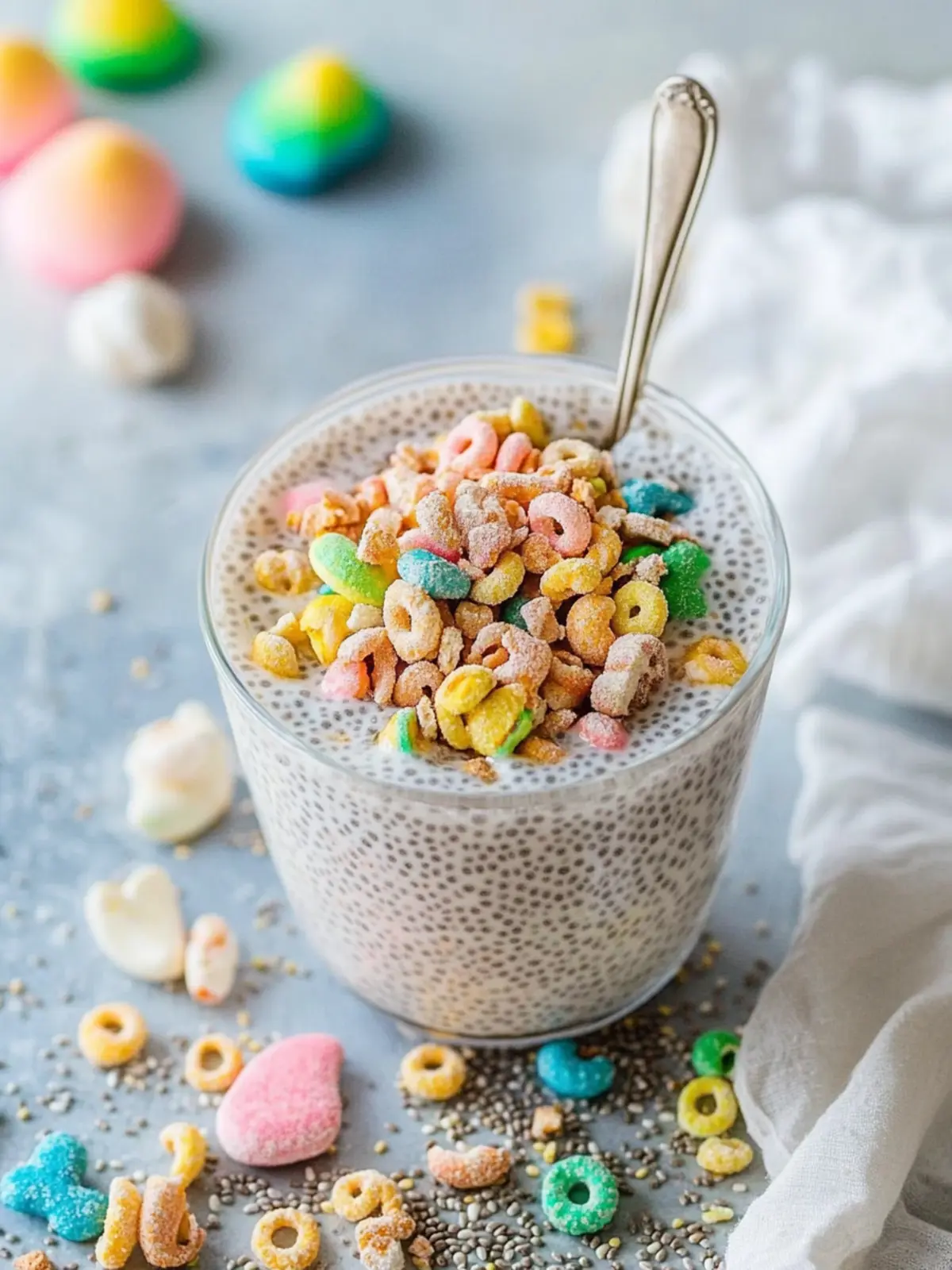 Cereal Milk Chia Pudding with Lucky Charms Crumbs