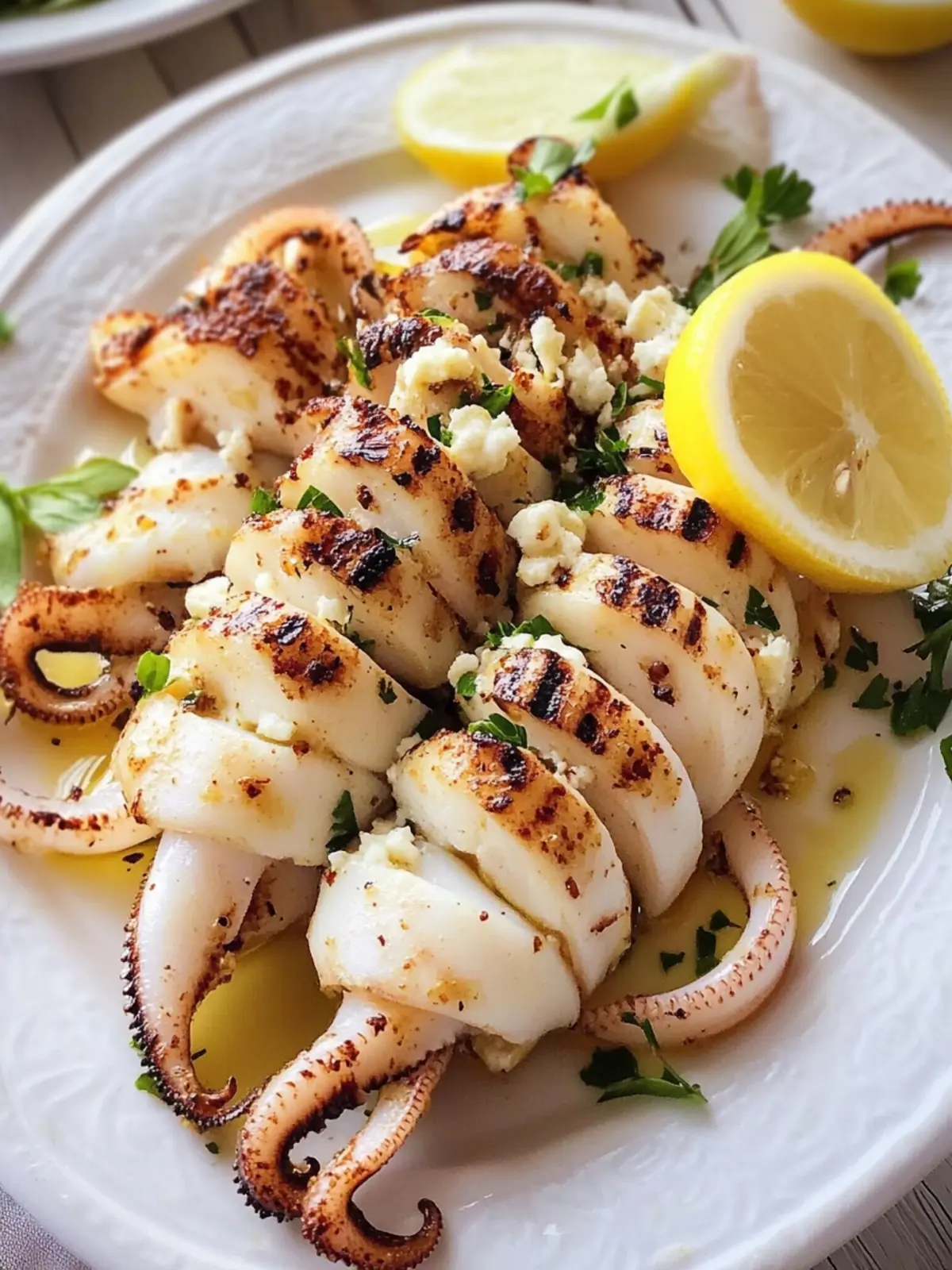 Garlicky grilled squid stuffed with feta cheese