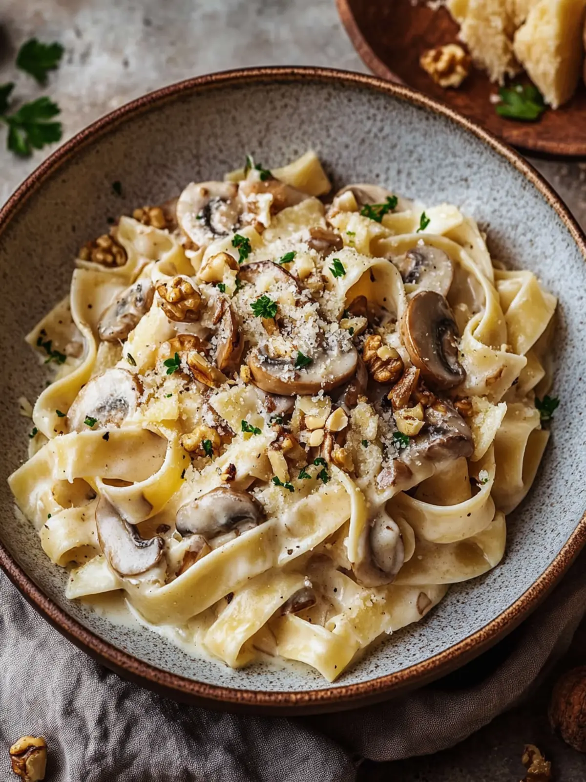 Easy mushroom, soft cheese & walnut pasta