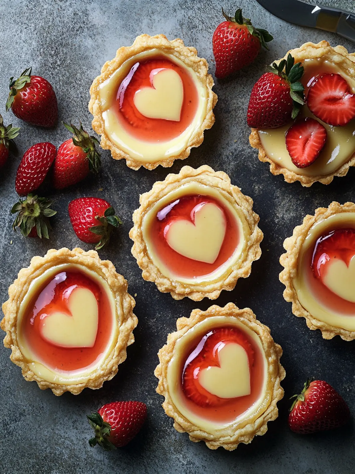 Heart-swirled strawberry custard tarts