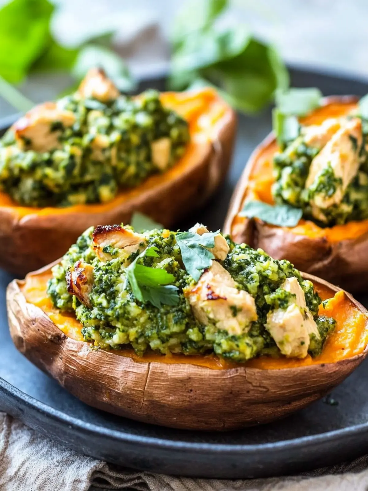 Chicken Pesto Stuffed Sweet Potatoes