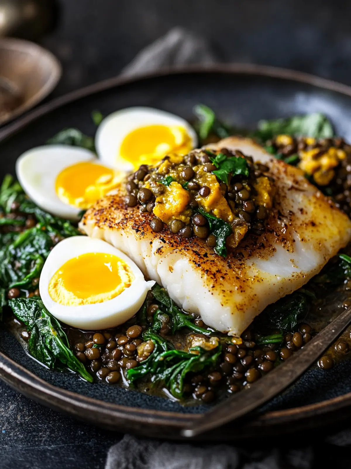 Smoked cod with green lentils, eggs and curry butter