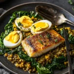 Smoked cod with green lentils, eggs and curry butter