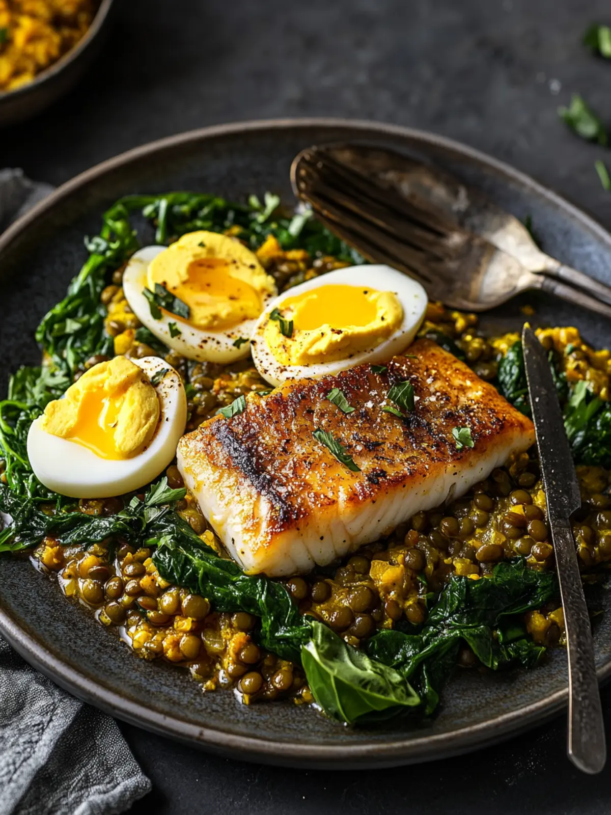 Smoked cod with green lentils, eggs and curry butter