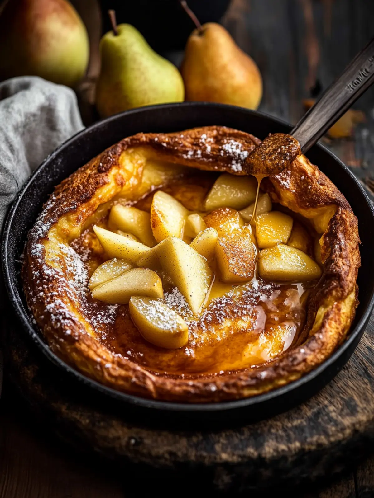 Dutch baby pancake with toffee apple and pears