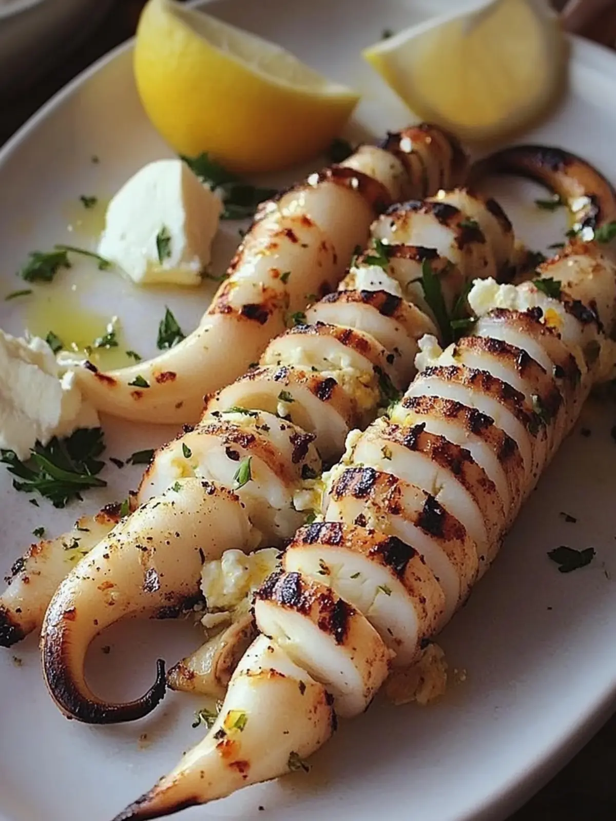 Garlicky grilled squid stuffed with feta cheese