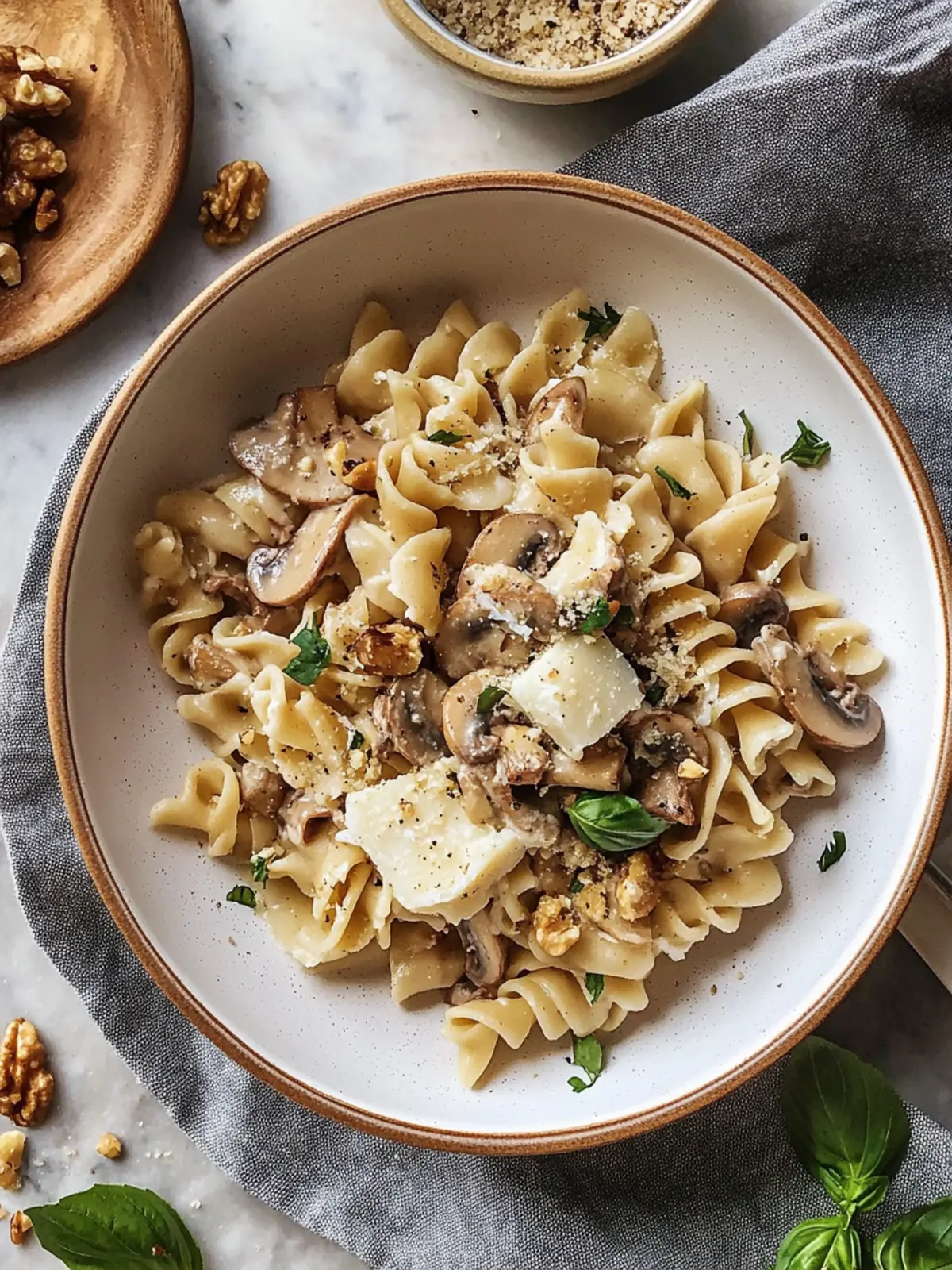 Easy mushroom, soft cheese & walnut pasta