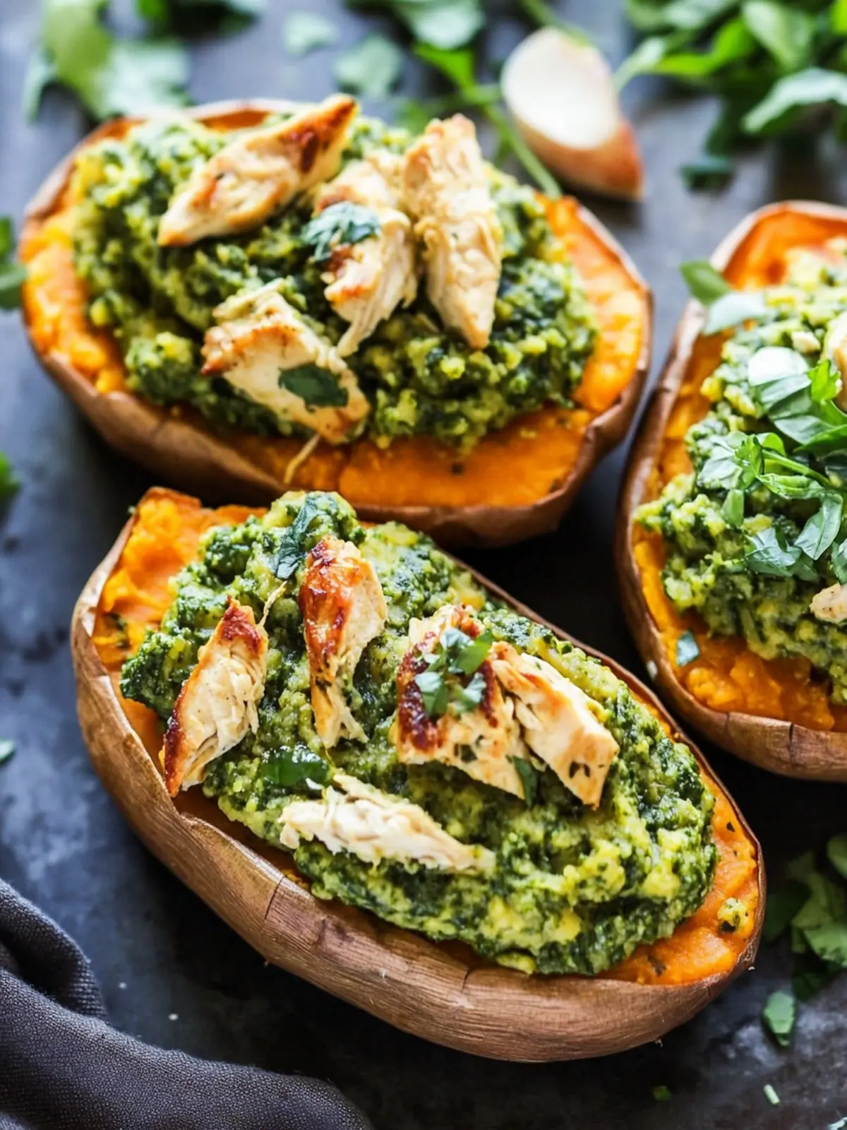 Chicken Pesto Stuffed Sweet Potatoes