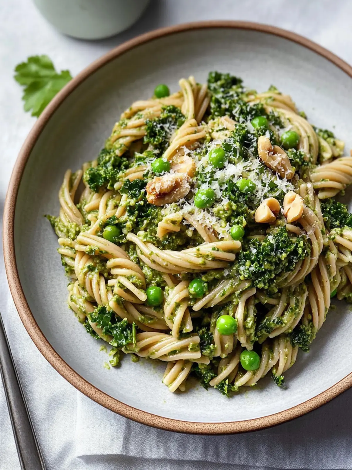 Wholewheat pasta with kale, pea and walnut pesto