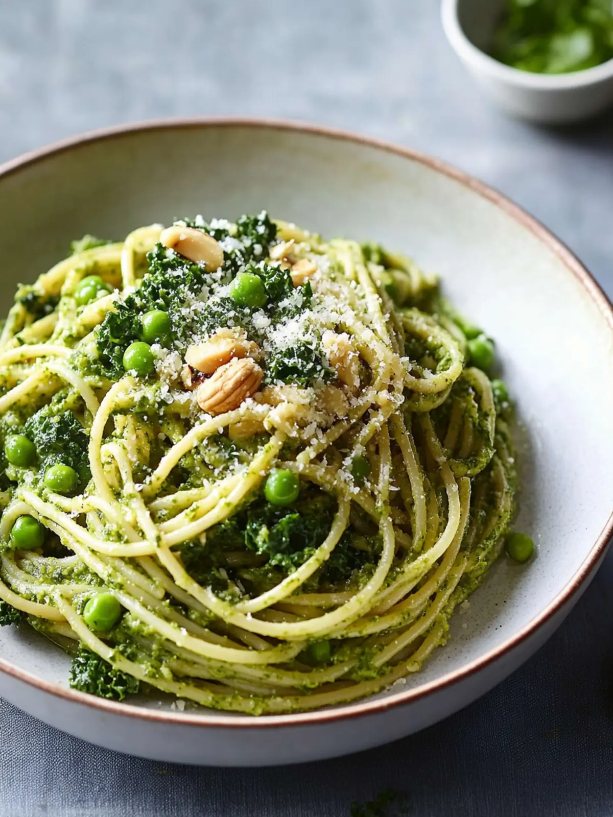 Wholewheat pasta with kale, pea and walnut pesto
