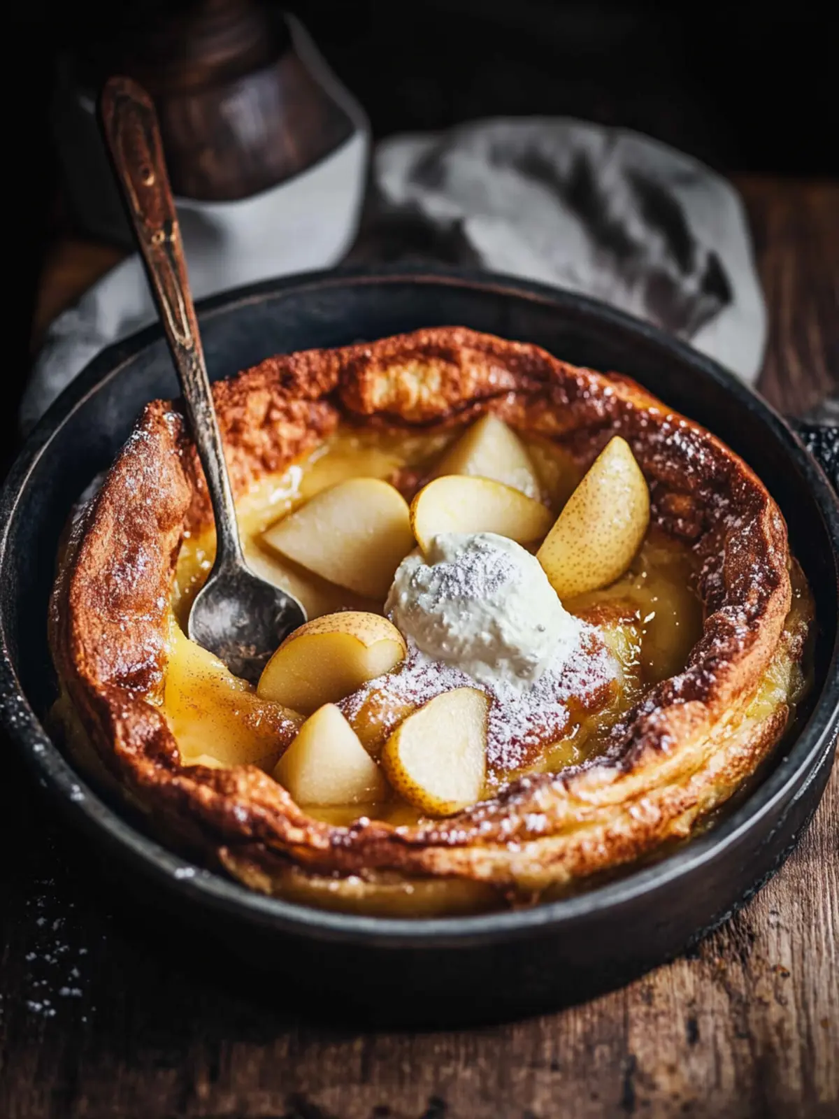 Dutch baby pancake with toffee apple and pears