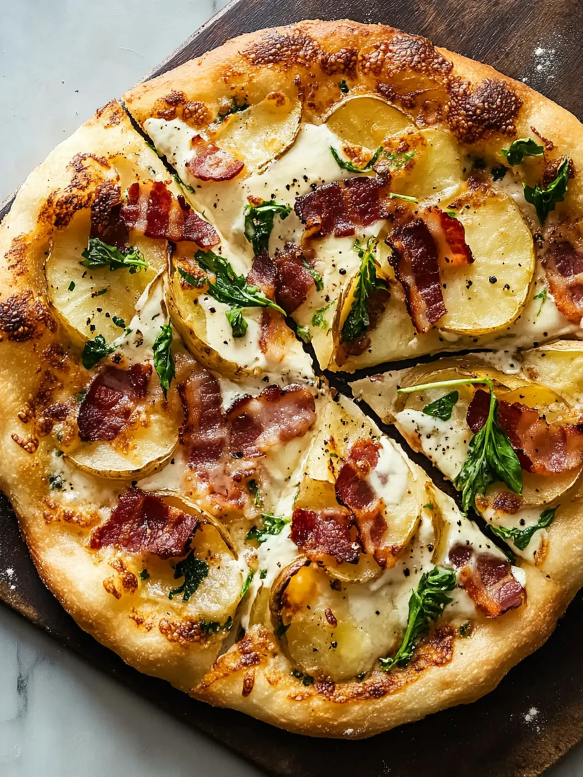 Potato Pizza with Crème Fraîche and Bacon