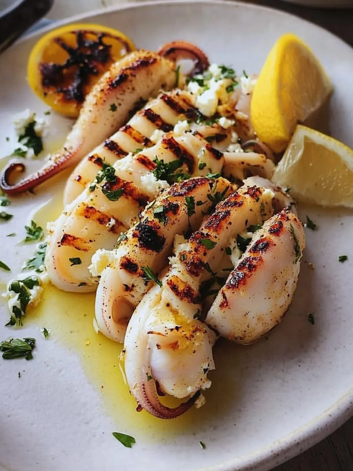 Garlicky grilled squid stuffed with feta cheese