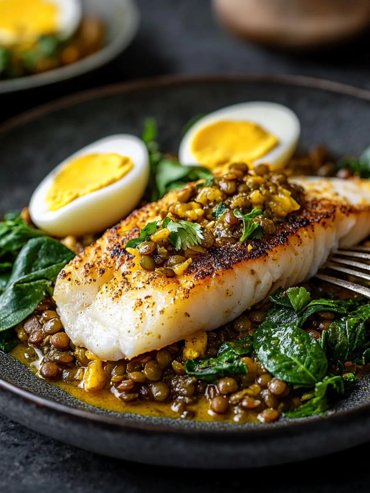 Smoked cod with green lentils, eggs and curry butter