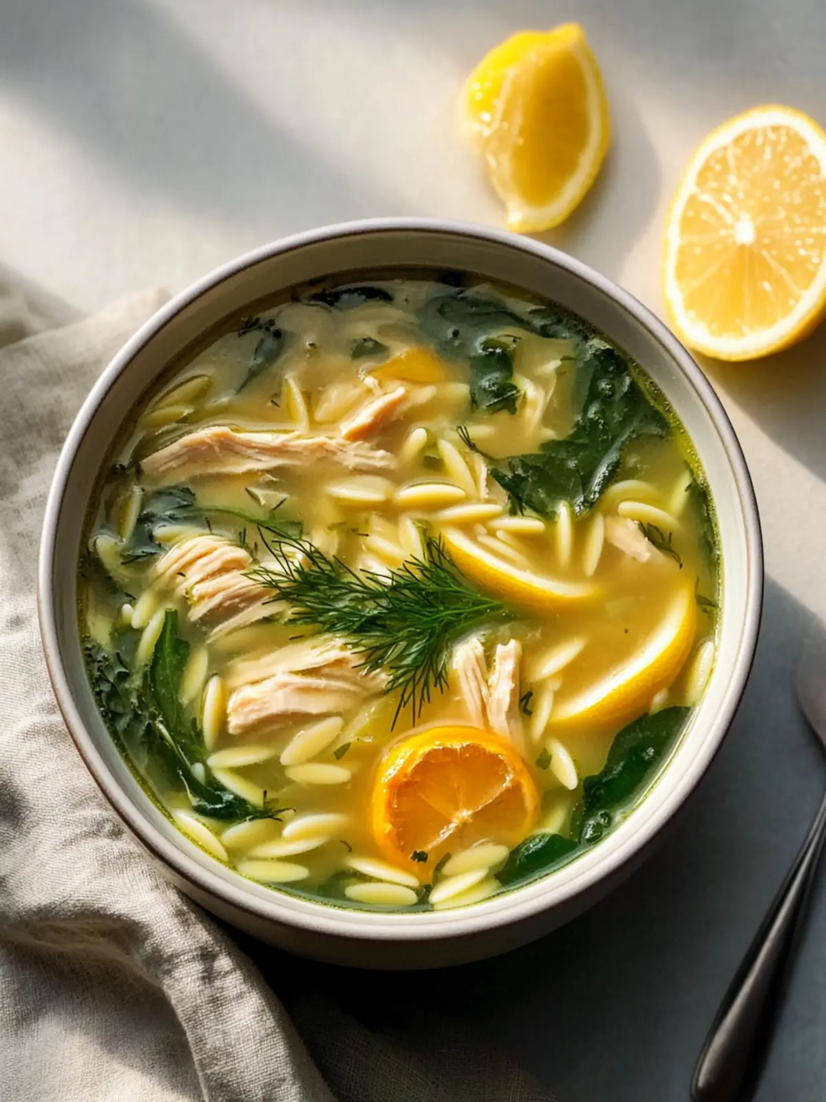 Lemony Chicken, Orzo & Spinach Soup with Dill