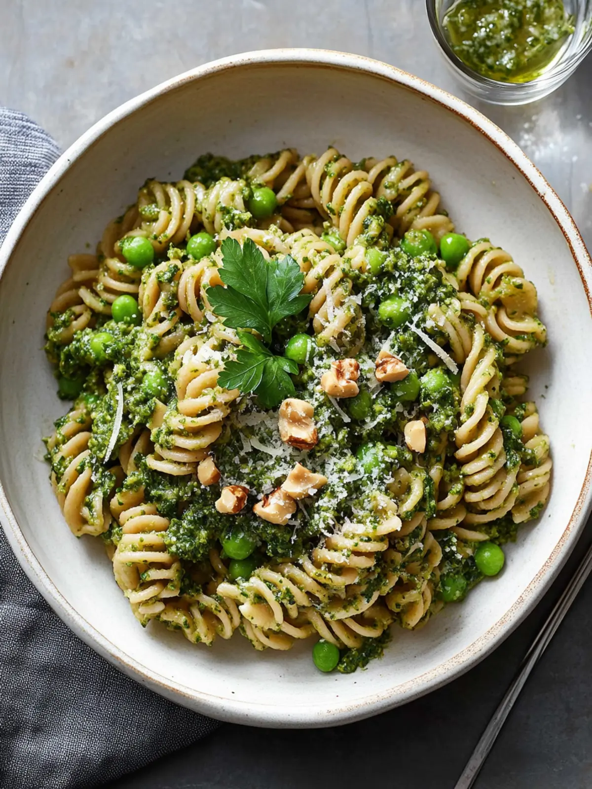 Wholewheat pasta with kale, pea and walnut pesto