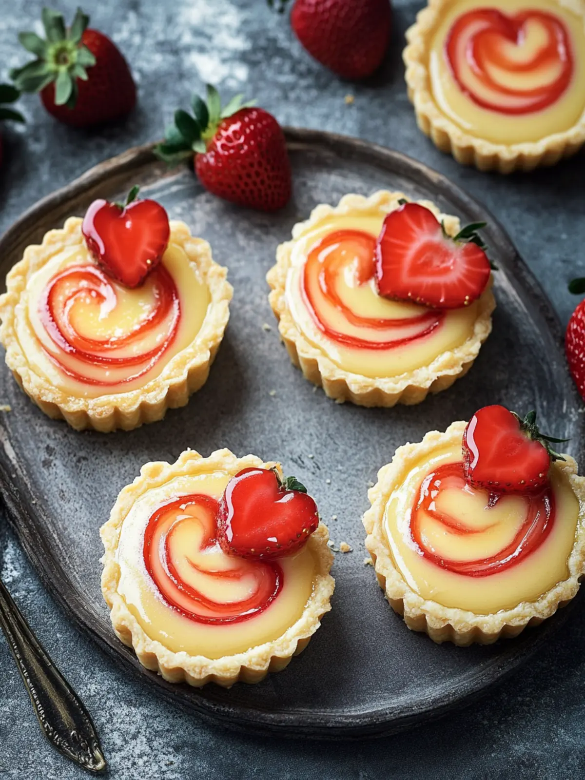 Heart-swirled strawberry custard tarts
