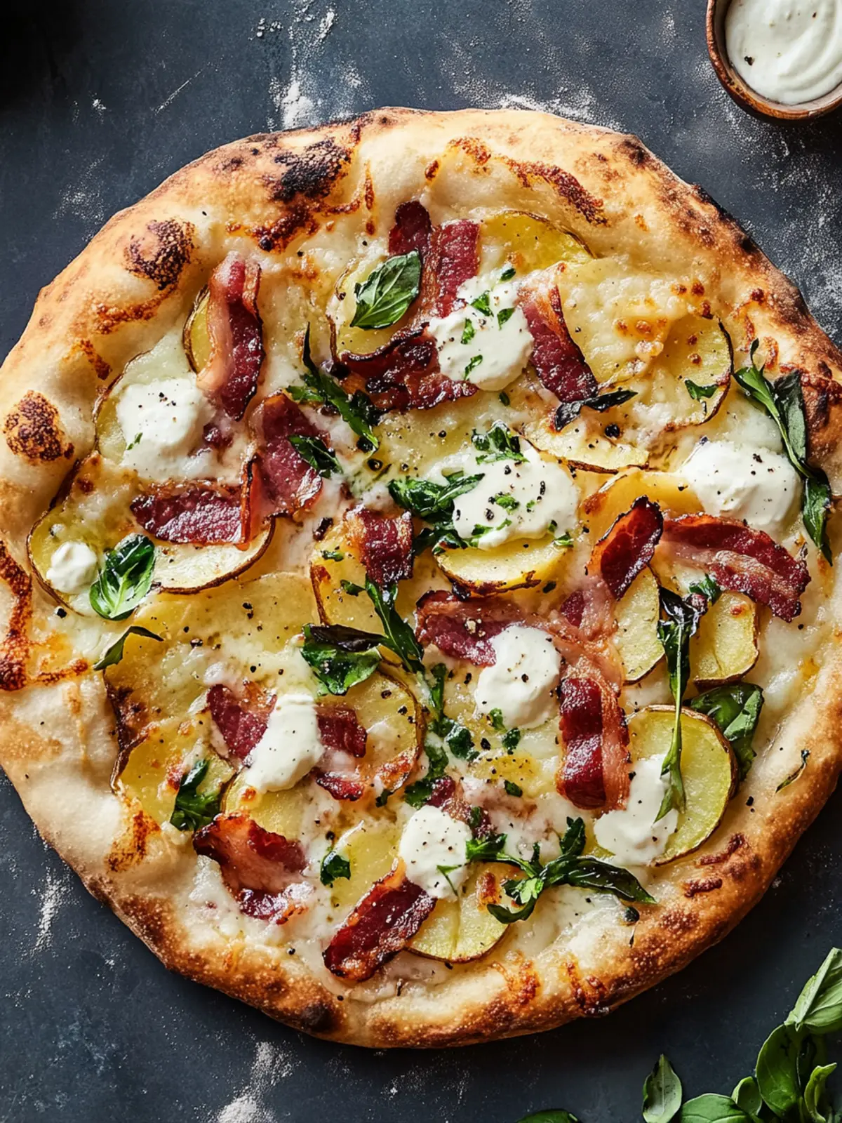 Potato Pizza with Crème Fraîche and Bacon