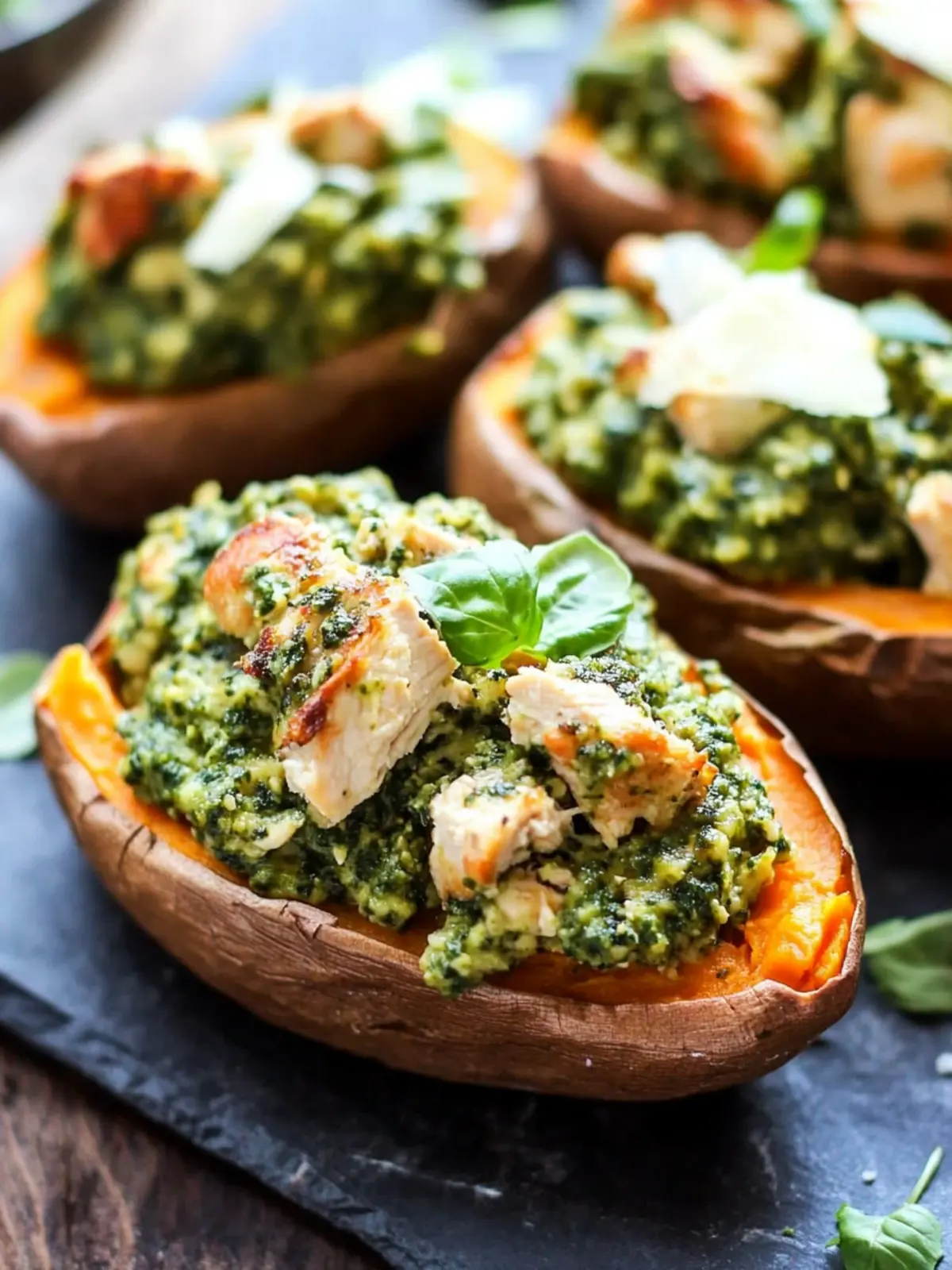 Chicken Pesto Stuffed Sweet Potatoes